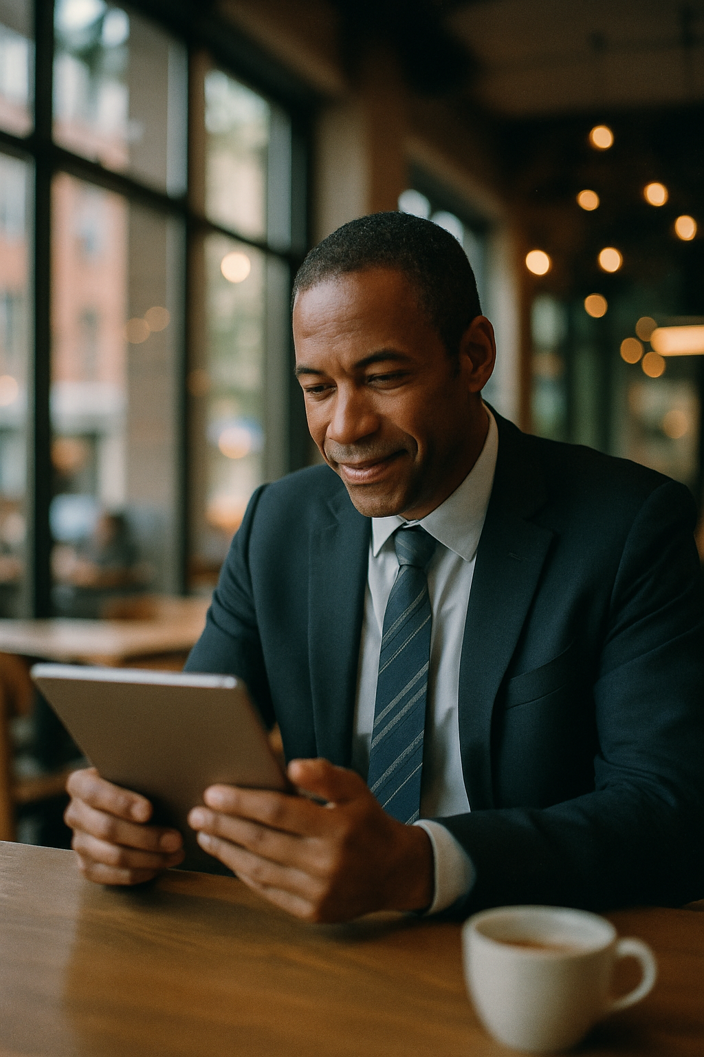 Man in Dark Blue Suit Reading Tablet in Cozy Modern Café